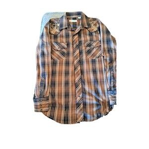 Men's‎ Roper Brown plaid check western pearl snap rodeo cowboy Large